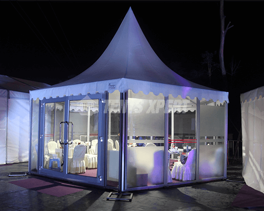 high peak tent with glass sidewall